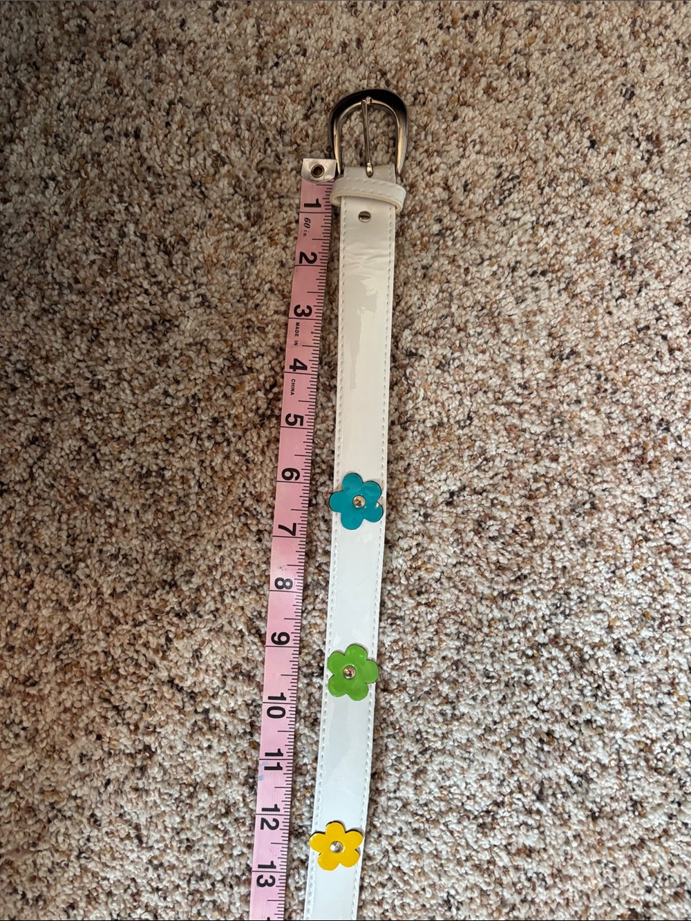 White Patent Belt with Colorful Flower Studs
